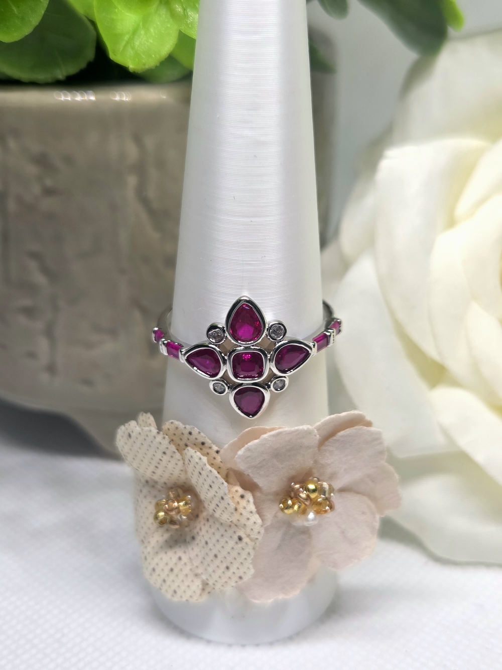 BP "The Genesis Ring" - Lab Created Ruby Floral Cluster On Rhodium Plating